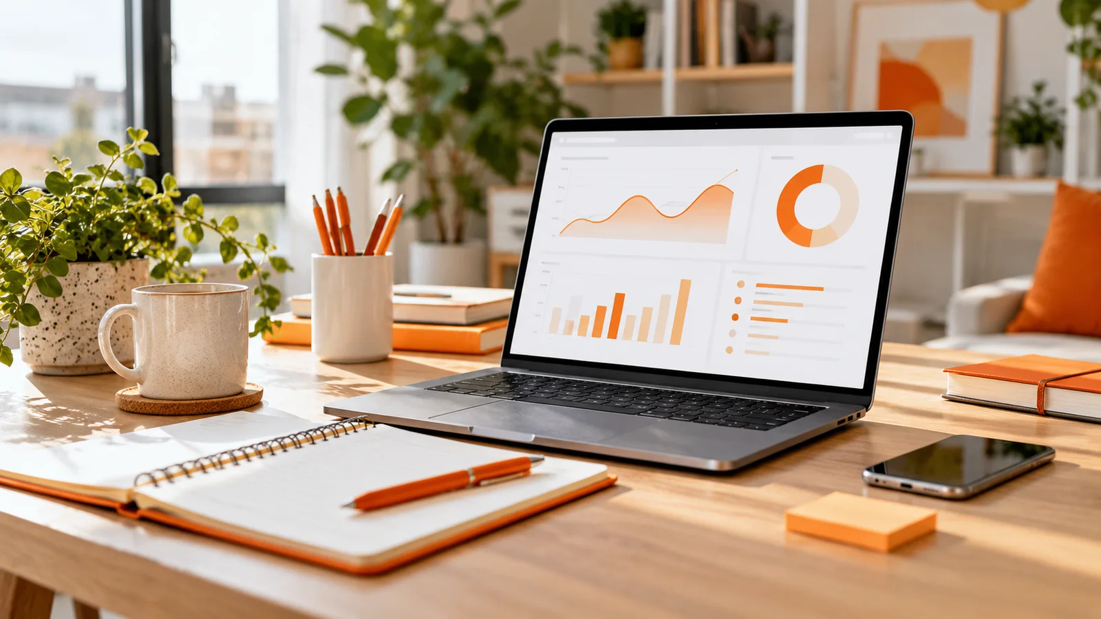 Laptop, planner, and orange stationery arranged on a bright digital marketing workspace.