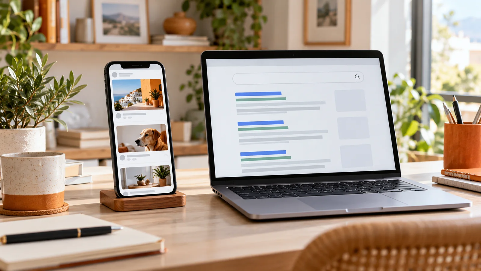 Smartphone with an unbranded visual social feed beside a laptop showing an abstract search interface.