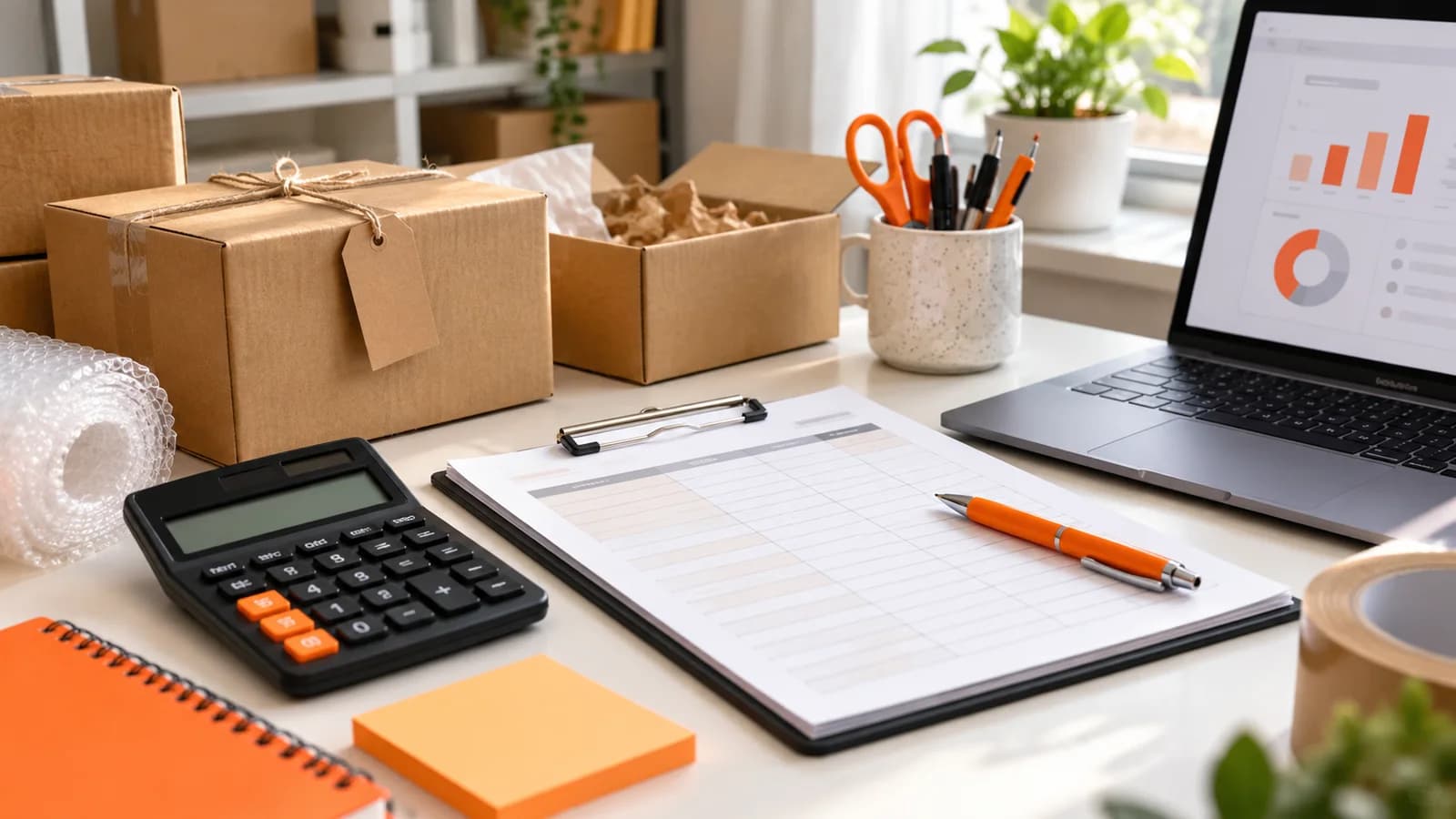 E-commerce startup planning desk with parcels, calculator, blank budget worksheet, and orange stationery.