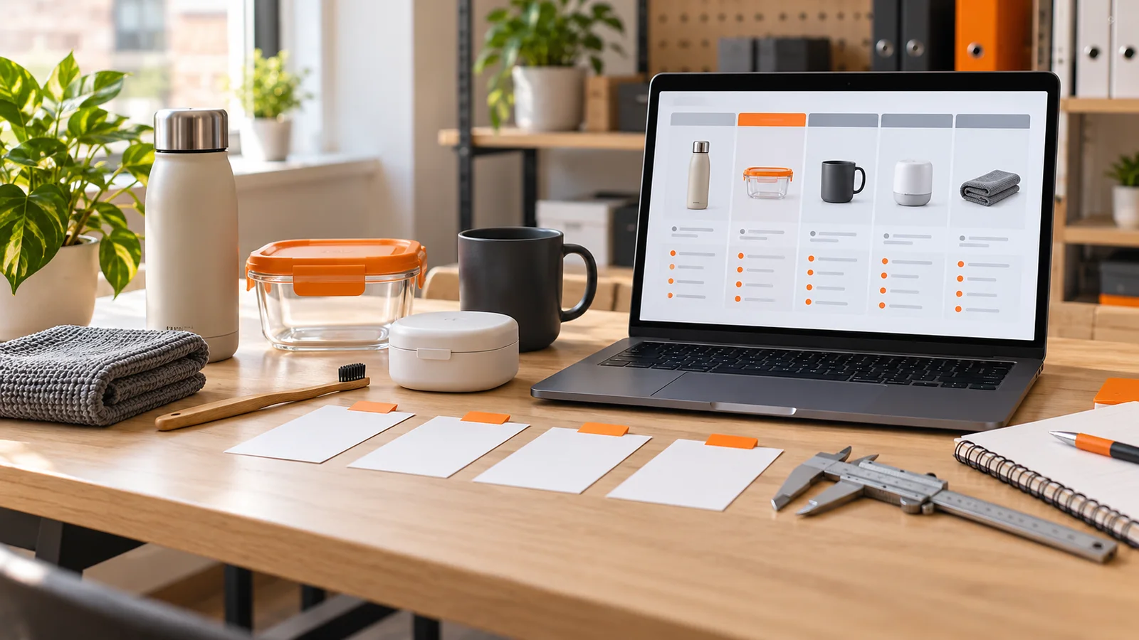 Household product samples, calipers, comparison cards, and an abstract product research screen with orange tabs.
