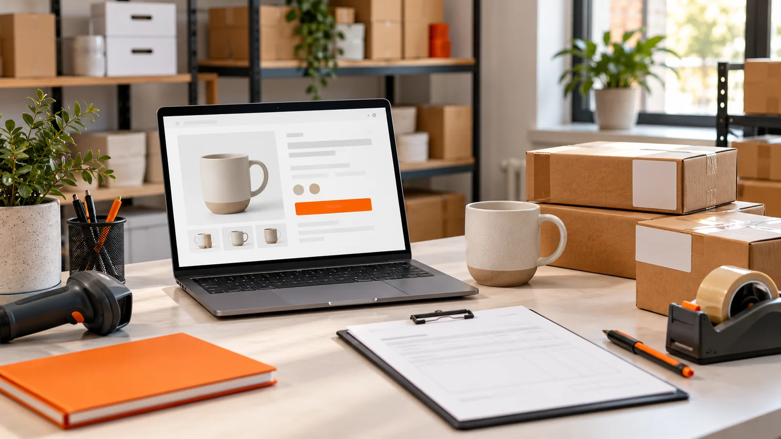 Wholesale fulfilment desk with product sample, unbranded listing screen, supplier paperwork, and shipping boxes.