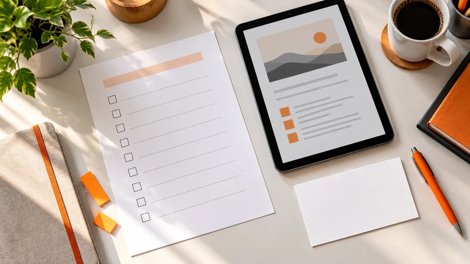 Checklist, document preview tablet, and orange stationery arranged on a lead-magnet planning desk.