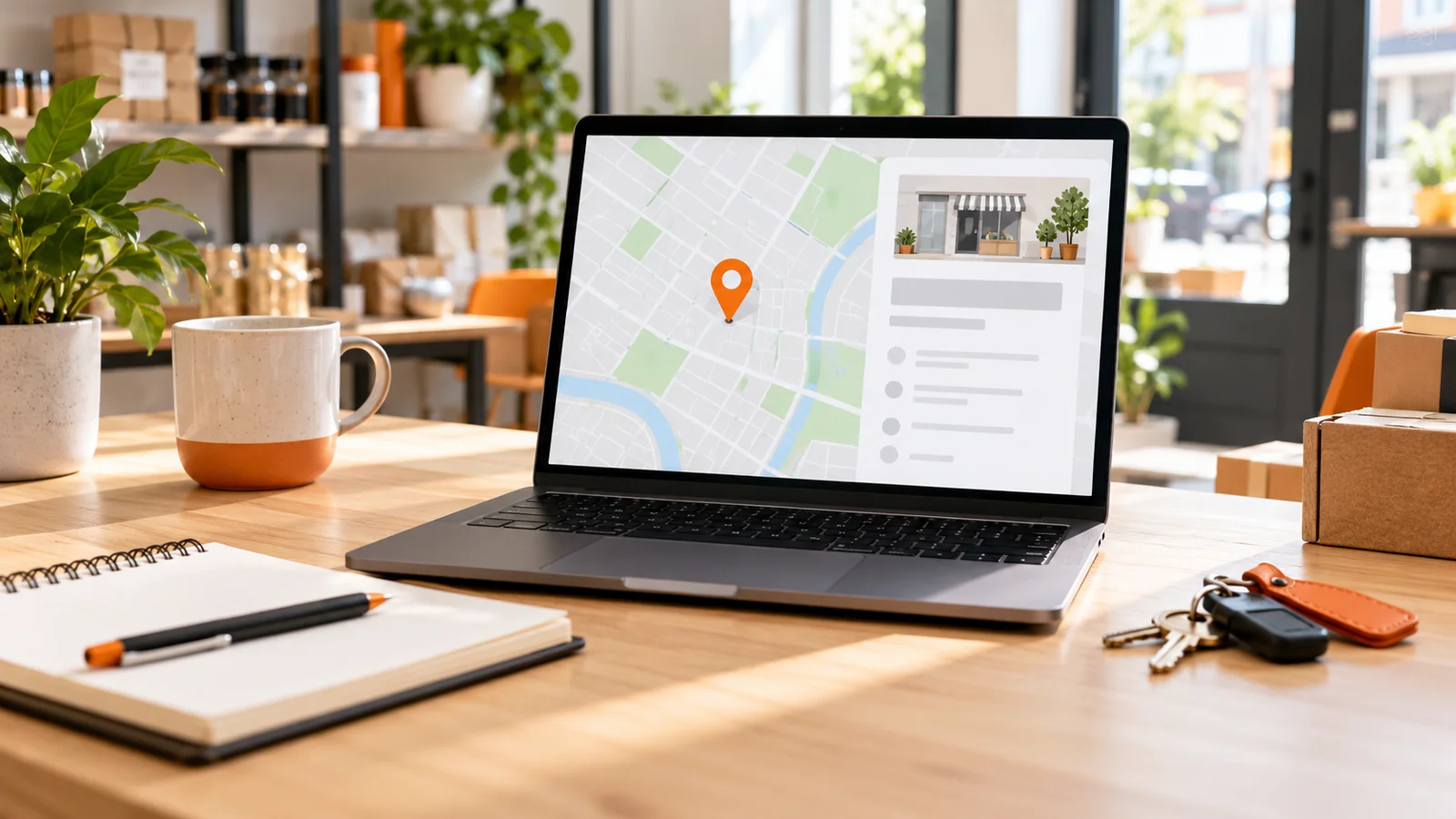 Laptop displaying an abstract local map and orange location pin beside a notebook and business keys.