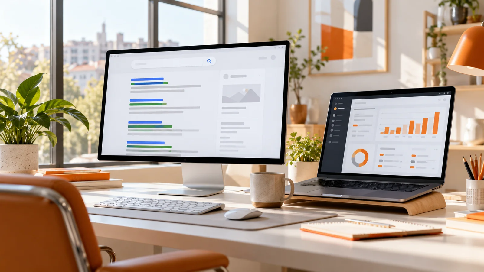 Two office screens representing organic search research and paid advertising planning without platform branding.