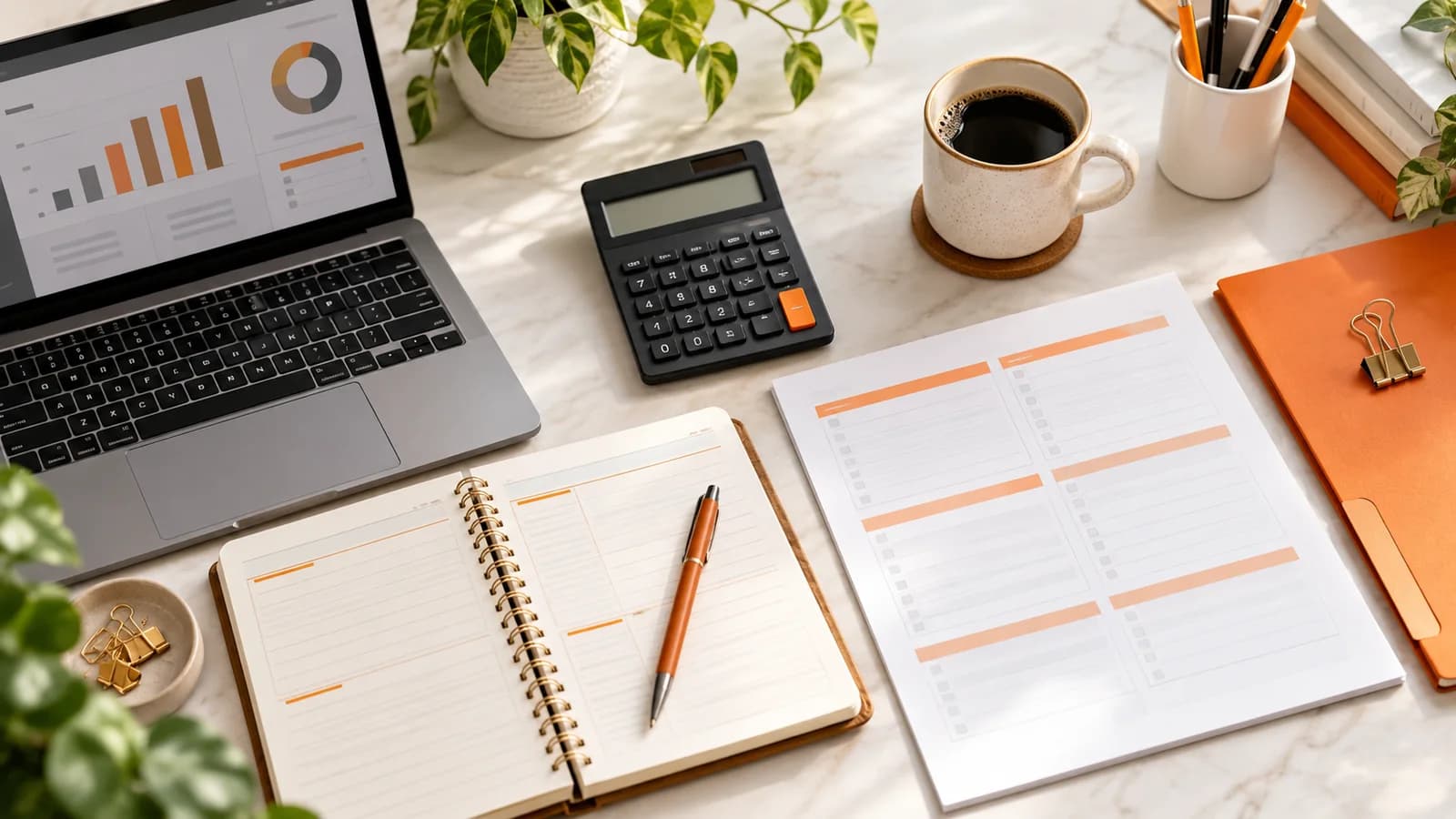 Calculator, planning notebook, blank expense worksheet, and orange folder on a marketing budgeting desk.